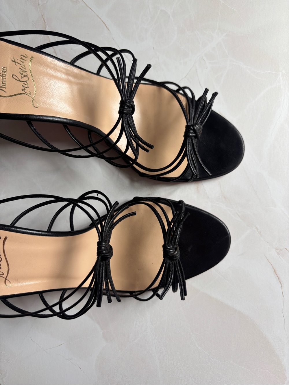 Christian Louboutin Black Strappy Open-Toe Heels with Signature Red Soles - Picture 6 of 10